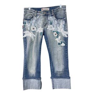 Rosa & Rose Embellished Lace Beading Cuffed Crop Jeans VTG Y2K Med